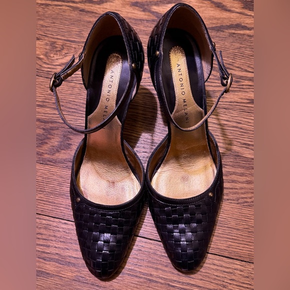 Black Antonio Melani heeled shoes with ankle strap and braided design Sz 7.5 - Picture 1 of 6